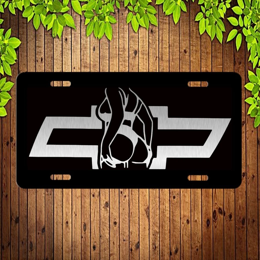 Laser etched Sexy Girl Chevy Bowtie Black on Brushed Aluminum License Plate Tag - Picture 1 of 6