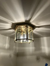Vintage Brass Flush Mount Ceiling Fixture Lights 6 Panel Curved Glass 3 Light