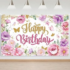 Happy Birthday Backdrop for Women Pink Floral Happy Birthday Party Decorations..