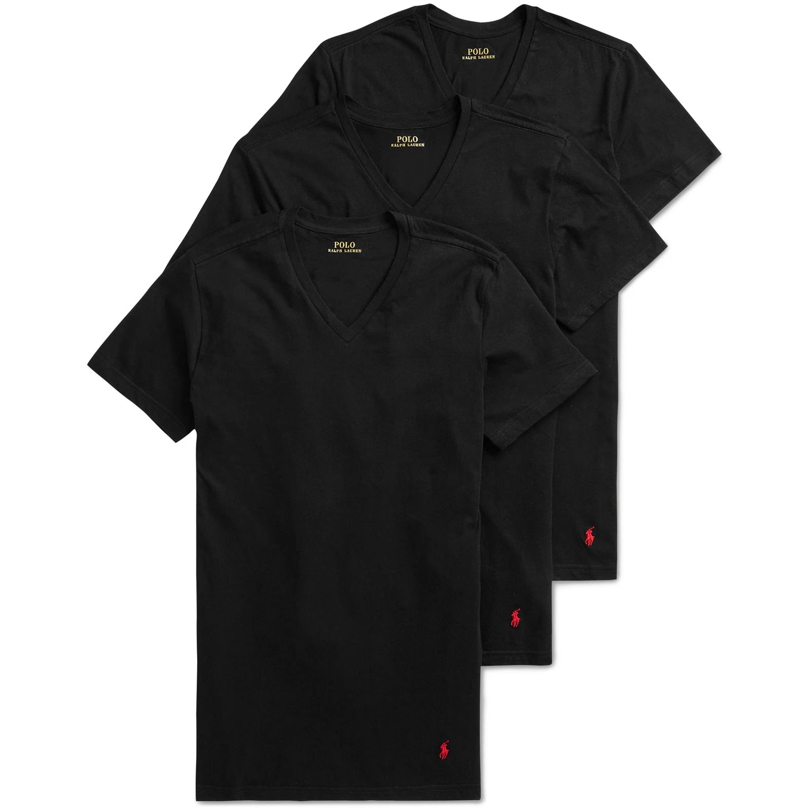 Polo Ralph Lauren Mens V-Neck T-Shirts 3-Pack Black Cotton Blend Solid Soft Tee