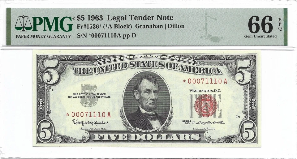 1963 $5 * STAR * βοΈ Legal Tender, US Note. PMG GEM Uncirculated 66 EPQ Banknote. - Image 2 of 3
