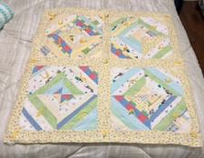 Adorable Flannel Handmade Yellows, Blues, Greens Baby Quilt 34"X34.5"