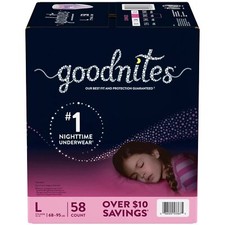 GoodNites Bedtime Underwear for Girls, Large 68-95 Pounds , 58 Count
