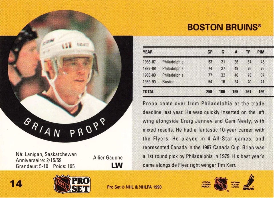 1990-91 Pro Set Hockey Brian Propp Boston Bruins #14 - Image 2 of 2