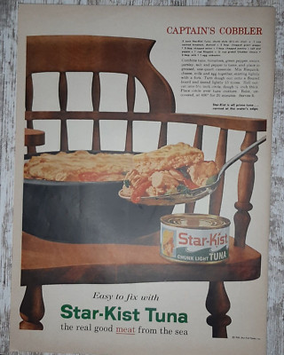 1961 Star-Kist Tuna Vintage Print Ad Chunk Light Canned Captain's Cobbler Chair