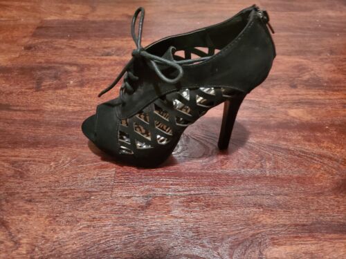 Vintage Peep Toe Platform Stilettos Heels Black Velvet Size 9 - Picture 2 of 8