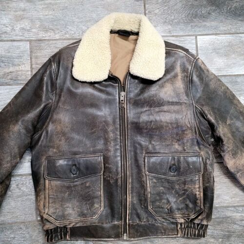VTG Men Shearling Lambskin Leather Flight Bomber Jacket Distressed SzXL - Picture 5 of 10