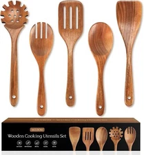 5 PCS Wooden Spoons Teak Cooking Utensils Set Non-Stick Smooth Grip Spatulas