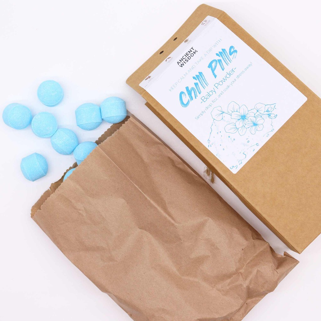 Bath Bombs 30 Mini Chill Pills 350g BABY POWDER - Ancient Wisdom