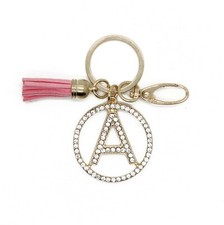 Womens Rhinestone Studded Initial Keychain, Key Holder, Bag Charm with Tassels