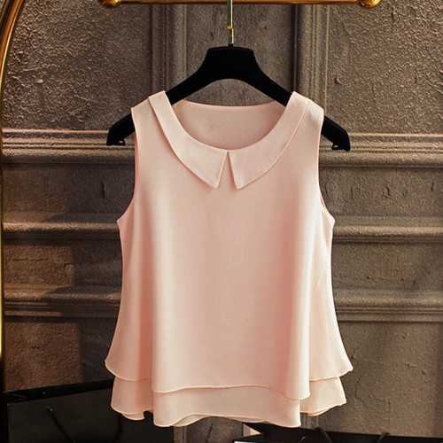 Lady Chiffon Vest Tank Tops Camisole Double Layer Turn-down Collar Casual Basic - Picture 6 of 22