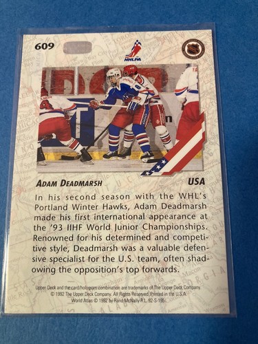 1992-93 Upper Deck Adam Deadmarsh ROOKIE Hockey RC #609 Colorado Avalanche - Picture 2 of 2