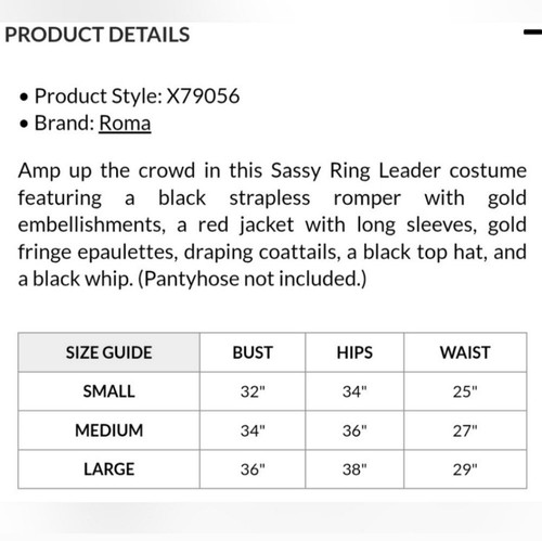 NEW Roma Sassy Sexy Circus Ring Leader 4 Piece Costume Set Size Large Yandy - Picture 5 of 6
