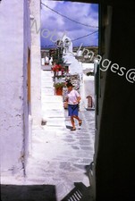 1966 Greece Mykonos Cobblestone Street View Young Family Kodachrome 35mm Slide