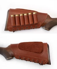Mahogany Butt Stock Cover Shotgun Ammo Holder Cheek Rest Padded - Real Leather