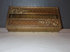 Vintage Rose Flower Brass Filigree Hinged Tissue Box Cover Holder 
