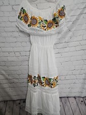 Mexican Peasant Off Shoulder Embroidered Floral White Dress
