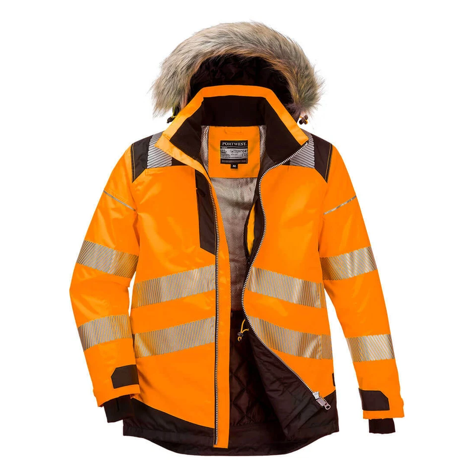Premium PW3 Hi-Vis Winter Jacket - Fur Hood Thermal Insulated Hi Viz Parka Coat