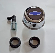 Chrome Valve Cover Breather & Grommet  PCV Valve CHEVY BOWTIE SYMBOL BLUE LOGO