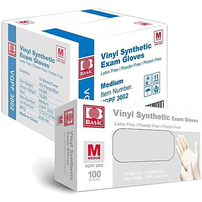 Basic Medical Vinyl Exam Gloves Disposable Latex Free Medium, Powder-Free, Clear