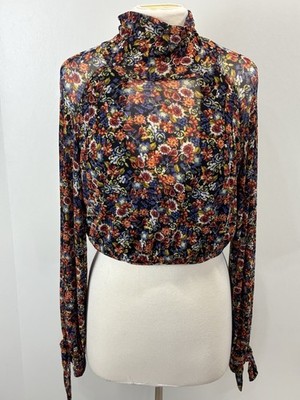 Free People All Dolled Up Floral Mesh Crop Top Shirt Women s S Black Tie Y2K