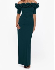 Xscape 3856X Isla Long Crepe Off the Shoulder Ruffle Dress Size 16 Green Pine
