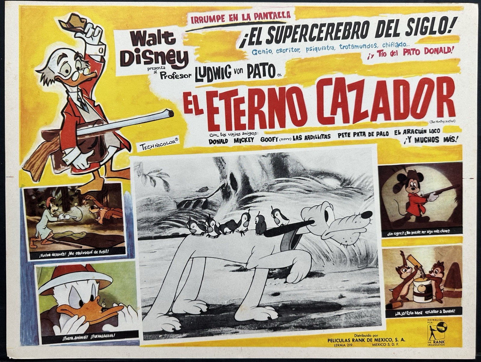 THE HUNTING INSTINT DONALD DUCK WALT DISNEY MEXICAN LOBBY CARD SET 1961 UNUSED