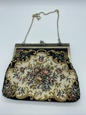 Vintage Black Floral Tapestry Clutch Handbag Purse Victorian Style Evening Bag