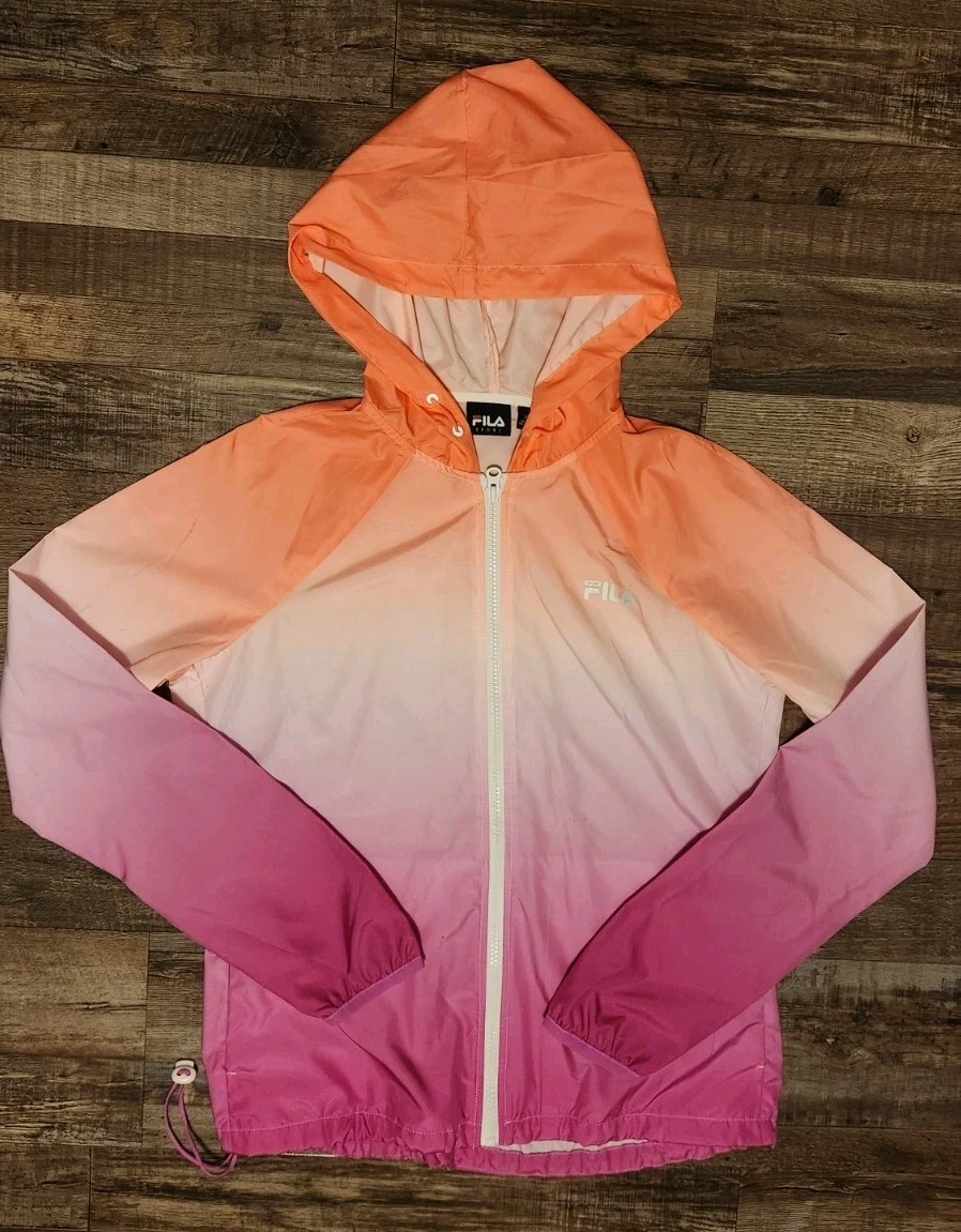Giacca a vento sportiva FILA ombreggiata neon con cappuccio zip leggera pioggia XS