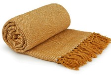 Image of 100% Cotton Herringbone Ochre Mustard Yellow Fringed Tassel Bed Chair Sofa Throw