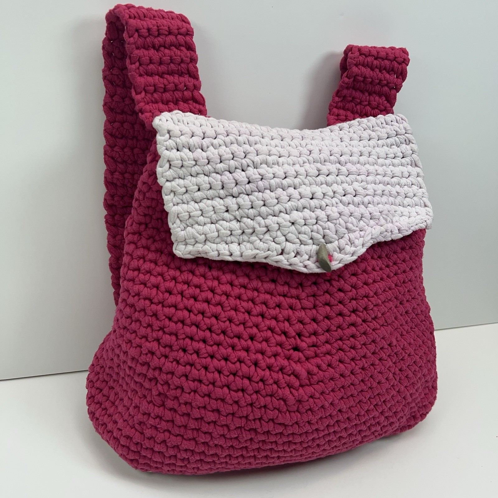 HANDMADE Crochet Drawstring Backpack Flap Button … - image 1