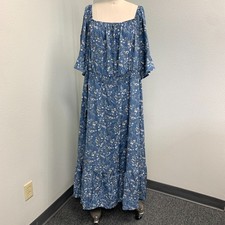 Bloomchic Maxi Dress Women's 26 Blue Floral Print 3/4 Sleeve 55" Long