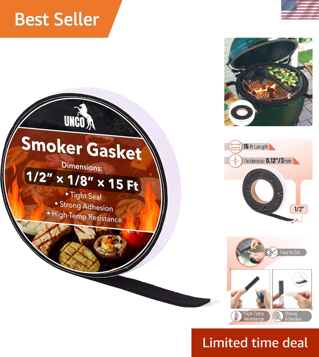 Effective 15 Ft Smoker Gasket 1/2"x1/8" - Easy Install, High