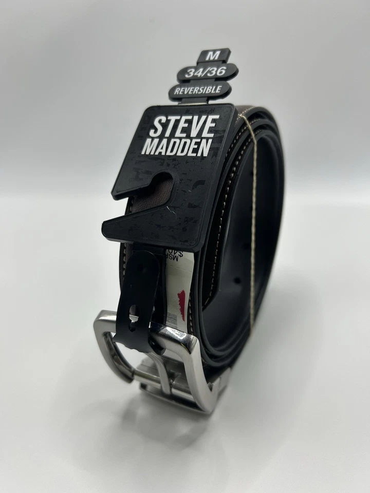 Steve Madden Cinturón Hombre 34/36 Cuero Hebilla Plateado Vestido Reversible Nuevo Con Foto 2 de 4