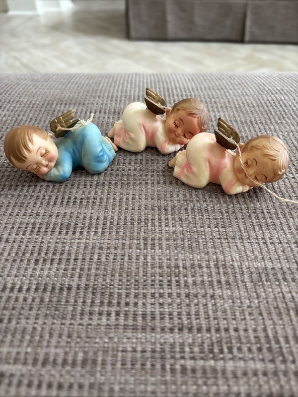 VTG MCM Kitchy Hong Kong Cherub Angel Babies Boy Girl Xmas Ornaments Lot of 3