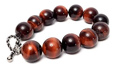 Echt Südafrikanisches Tigerauge Marmor Armband - Rot Bernstein Schimmer Silber Metall