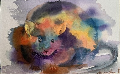 Original watercolor obese Fat Mouse colorful cute Made to order pet portrait art