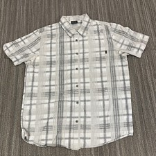 Oakley Shirt Mens Large White Gray Check Plaid Button Up Logo Beach Classic EUC