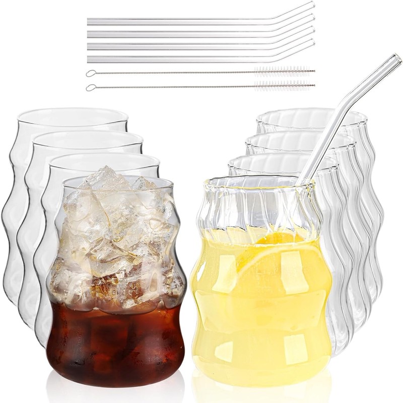 Set of 8 Cute Ribbed Glass Cups with straw and straw brush,4 Wave Shape Design 