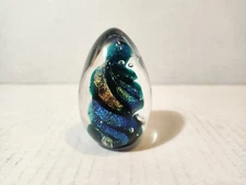 Handblown Egg Glass Art Vintage "BSG '94" iridescent green & black swirl