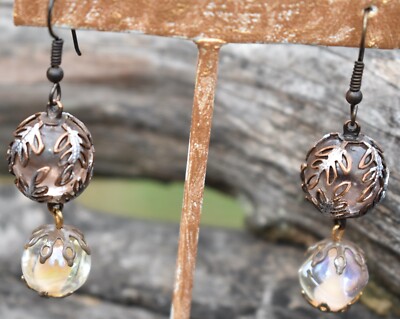 VINTAGE ELEMENTS HANDCRAFTED EARRINGS vintage GLASS/GILDED BRASS