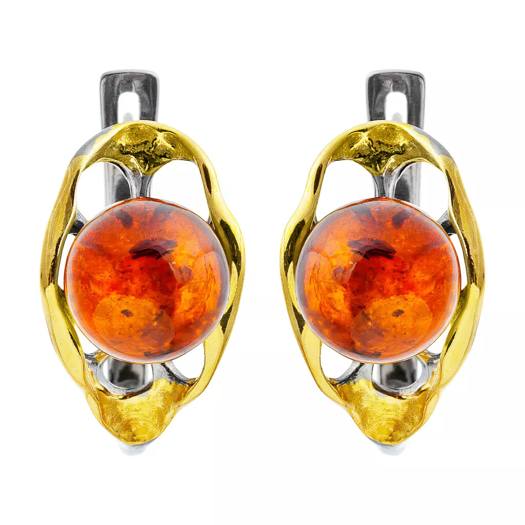 Remarkable Genuine Baltic Amber Earrings Rhodium Gilded Silver Cognac Color