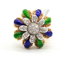 Vintage Enamel Flower Ring with Pavé Diamond Floral Motif in 18K Gold (750) — listing 5