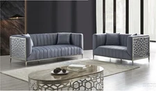 Luxury Glam Living Room 3pc Set Sofa Loveseat Chair Gray Velvet Silver Finish