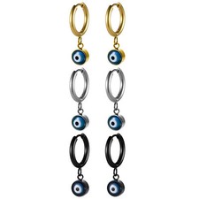 2pc Men Women Stainless Steel Evil Eye Dangle Huggie Hoop Pierced Earrings Studs