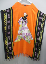 Vintage African Dashiki Kaftan Dress Orange Fringe Boho Ethnic Tribal Art Kaftan