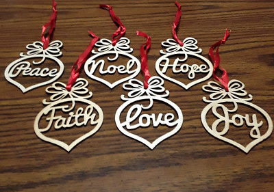 Christmas Ornaments Wood Laser Cut Ribbon Peace Hope Faith Love Joy Noel Set 6