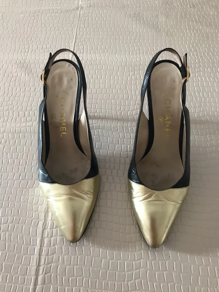CHANEL SLINGBACK N. 37 italiano COLORE NERO E ORO IN PELLE eBay