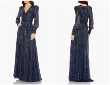MAC DUGGAL 93679 BEADED LACE LONG SLEEVE WRAP OVER MIDNIGHT NAVY GOWN 18