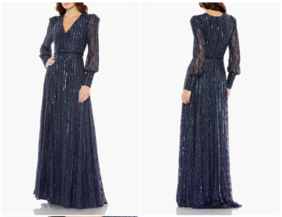 MAC DUGGAL  93679 BEADED LACE LONG SLEEVE WRAP OVER MIDNIGHT NAVY GOWN  18
